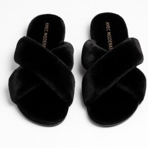 Avec Modération St. Moritz Black faux Fur slippers Sandals‎ slides EU38 US 7.5/8